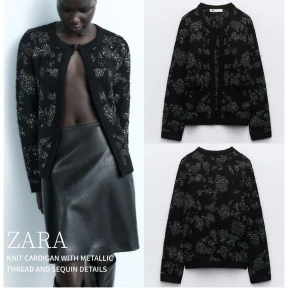 ZARA Sequin Metallic Thread Knit Cardigan Sweater, Black Silver Holiday Party S - Picture 8 of 10